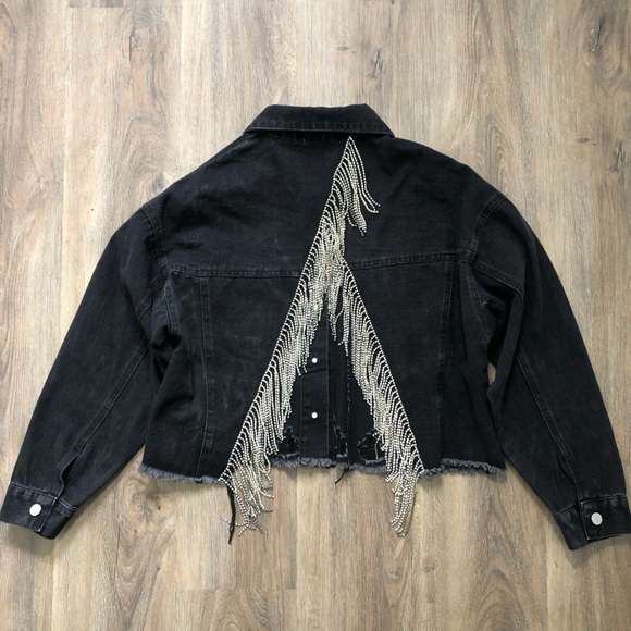 Blue B. Cropped Black Denim Jacket with Silver Rhinestone Fringe - Picture 10 of 16